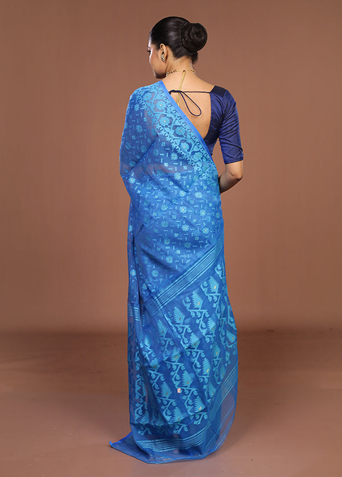Blue Jamdani Cotton Saree Without Blouse Piece