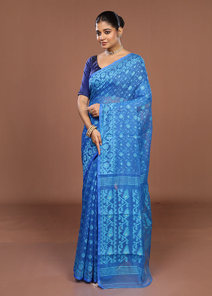 Blue Jamdani Cotton Saree Without Blouse Piece