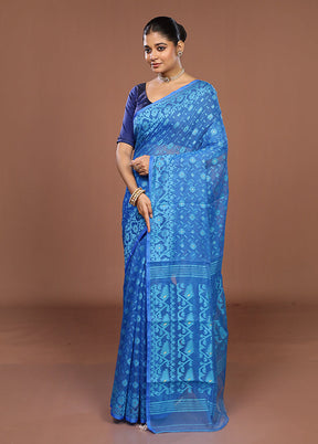 Blue Jamdani Cotton Saree Without Blouse Piece