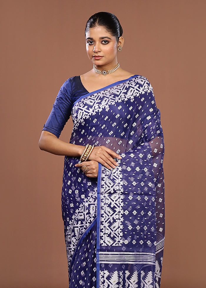 Blue Jamdani Cotton Saree Without Blouse Piece