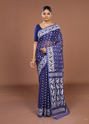 Blue Jamdani Cotton Saree Without Blouse Piece