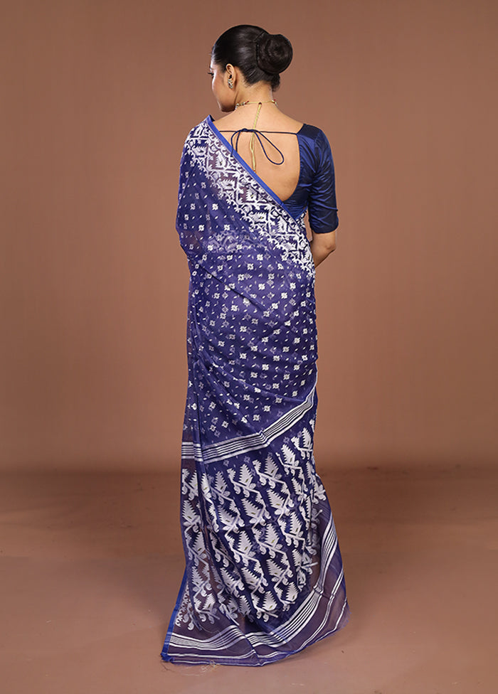 Blue Jamdani Cotton Saree Without Blouse Piece