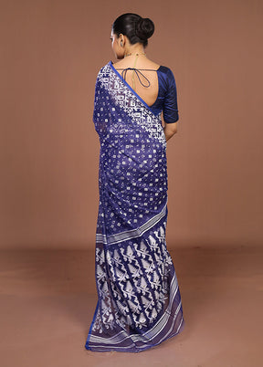 Blue Jamdani Cotton Saree Without Blouse Piece