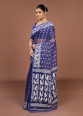 Blue Jamdani Cotton Saree Without Blouse Piece