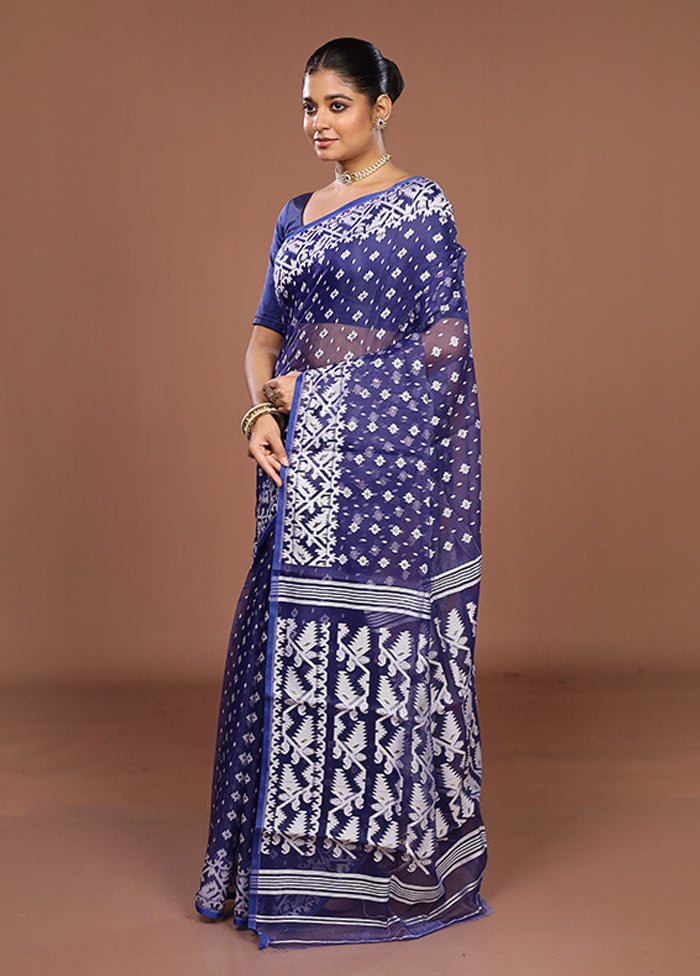 Blue Jamdani Cotton Saree Without Blouse Piece