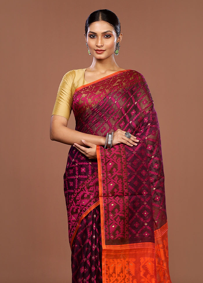 Maroon Jamdani Cotton Saree Without Blouse Piece