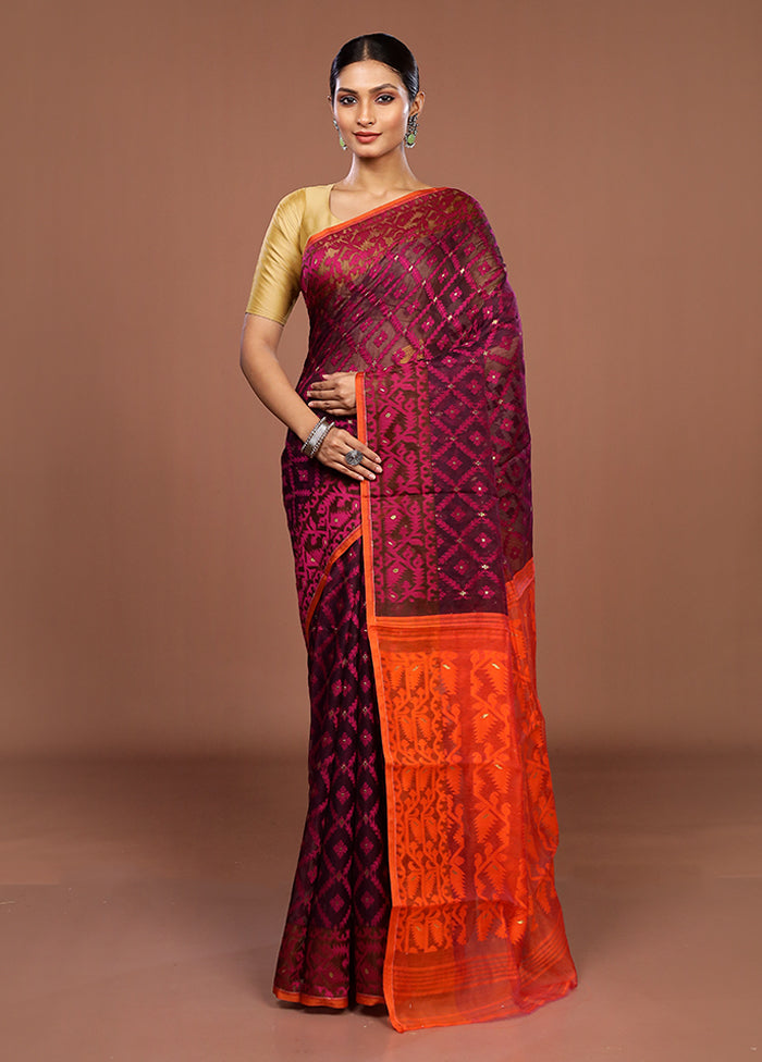 Maroon Jamdani Cotton Saree Without Blouse Piece