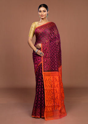 Maroon Jamdani Cotton Saree Without Blouse Piece