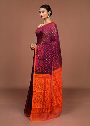 Maroon Jamdani Cotton Saree Without Blouse Piece