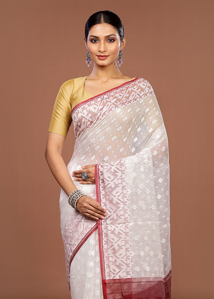 Maroon Jamdani Cotton Saree Without Blouse Piece