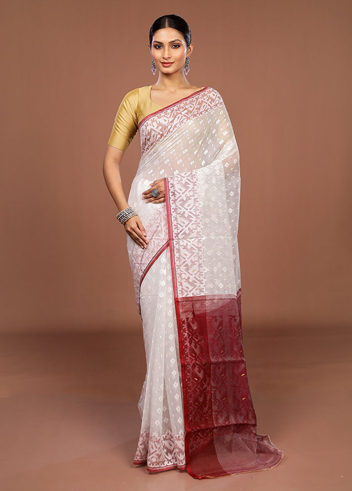 Maroon Jamdani Cotton Saree Without Blouse Piece