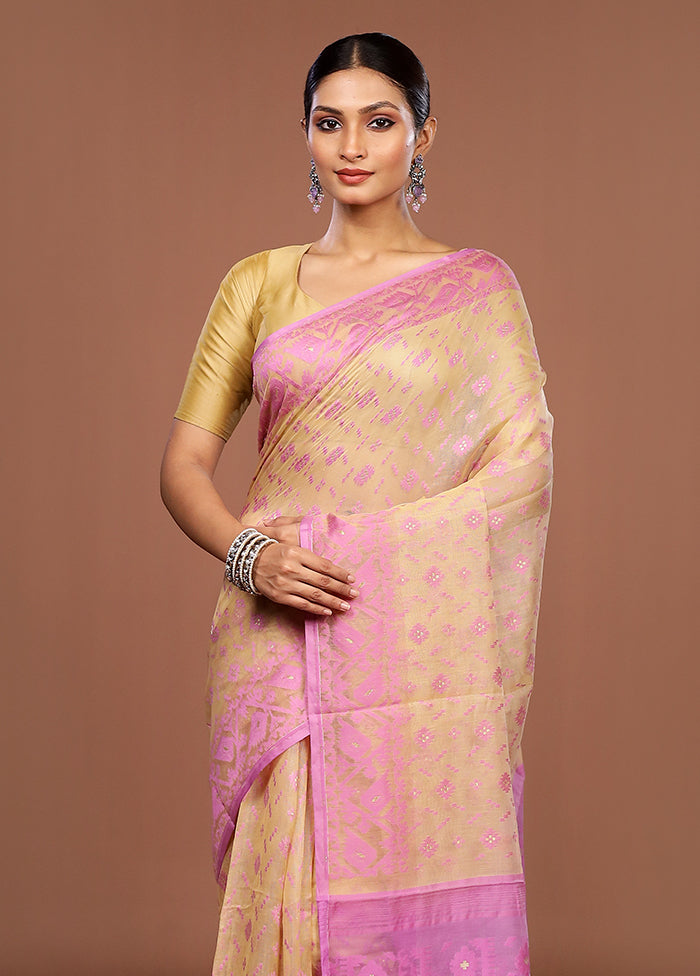 Cream Jamdani Cotton Saree Without Blouse Piece