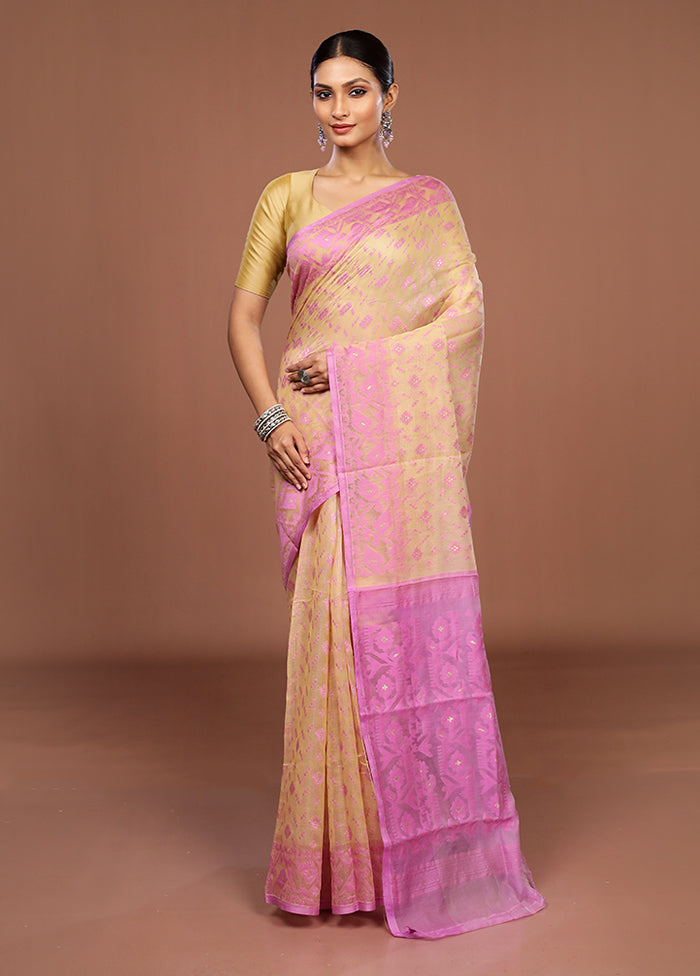Cream Jamdani Cotton Saree Without Blouse Piece