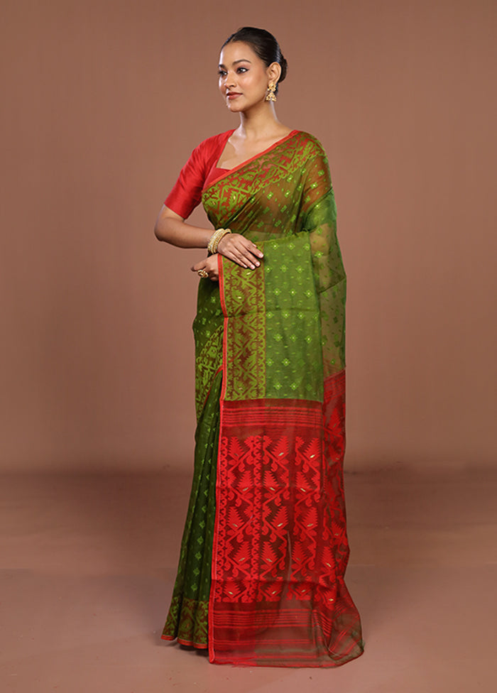 Green Jamdani Cotton Saree Without Blouse Piece