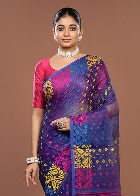 Blue Jamdani Cotton Saree Without Blouse Piece