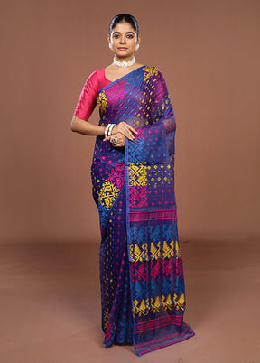 Blue Jamdani Cotton Saree Without Blouse Piece