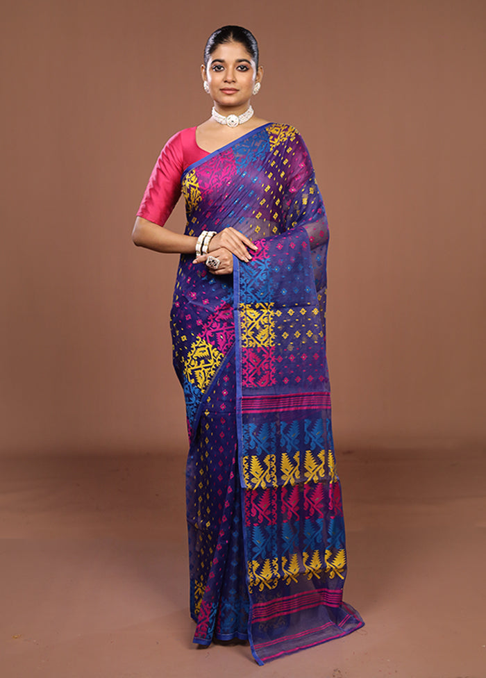 Blue Jamdani Cotton Saree Without Blouse Piece