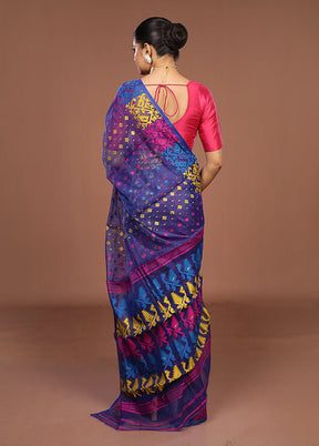 Blue Jamdani Cotton Saree Without Blouse Piece