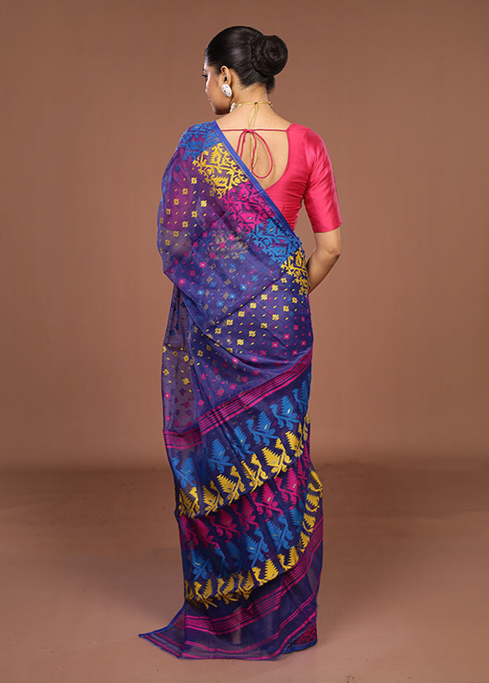 Blue Jamdani Cotton Saree Without Blouse Piece