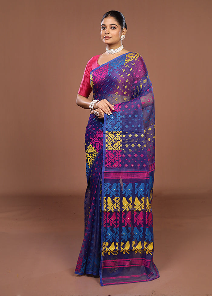 Blue Jamdani Cotton Saree Without Blouse Piece