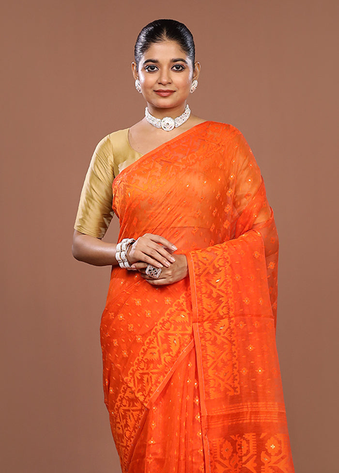 Rust Jamdani Cotton Saree Without Blouse Piece