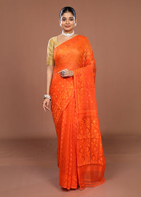 Rust Jamdani Cotton Saree Without Blouse Piece