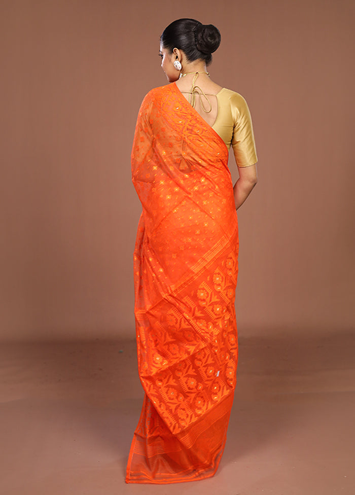 Rust Jamdani Cotton Saree Without Blouse Piece