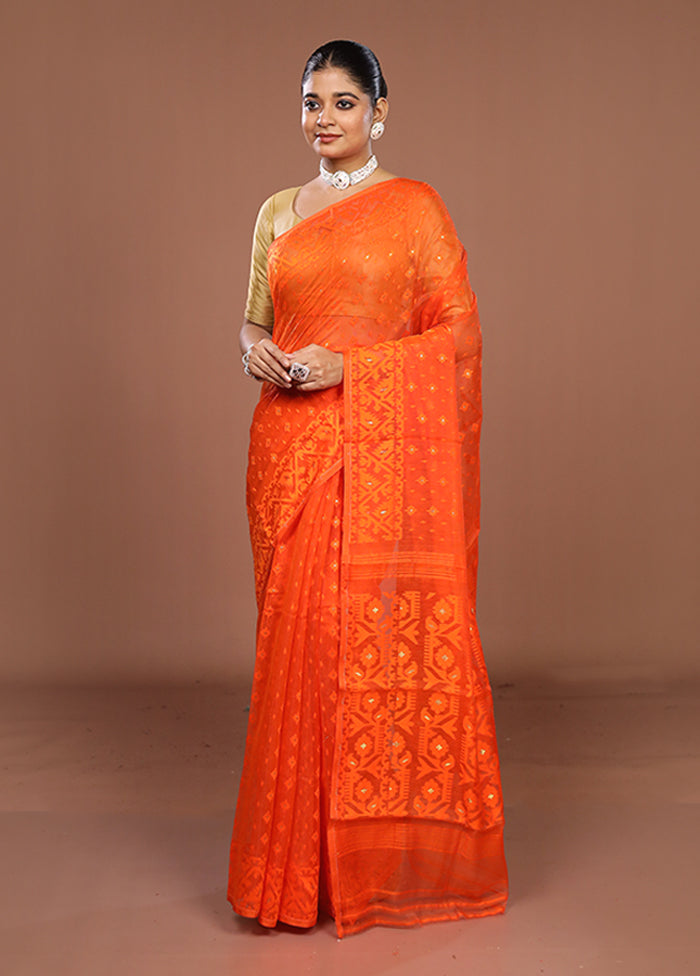 Rust Jamdani Cotton Saree Without Blouse Piece
