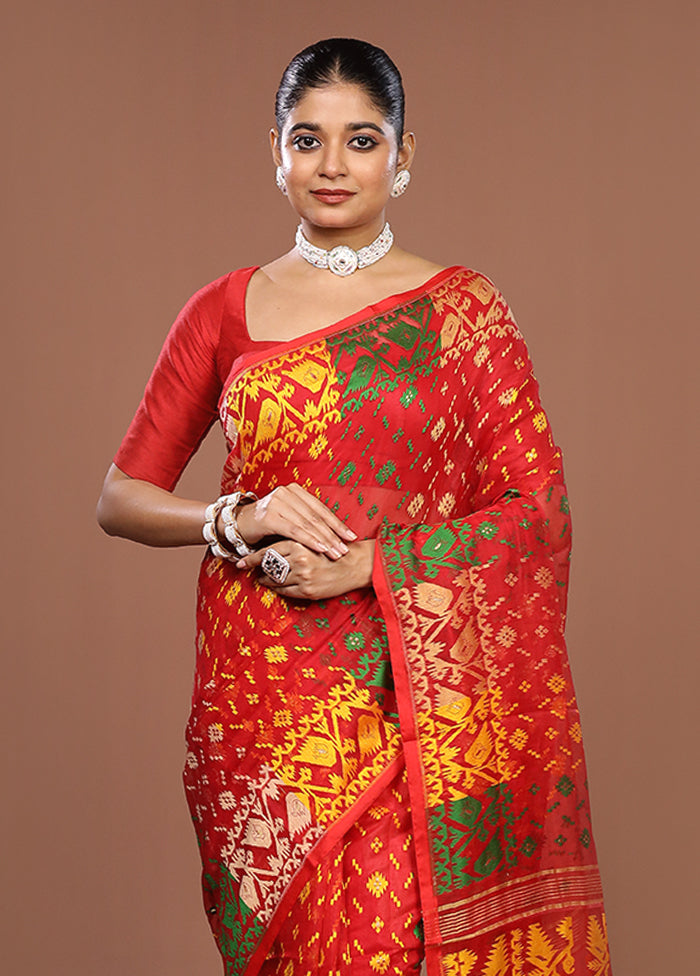 Red Jamdani Cotton Saree Without Blouse Piece