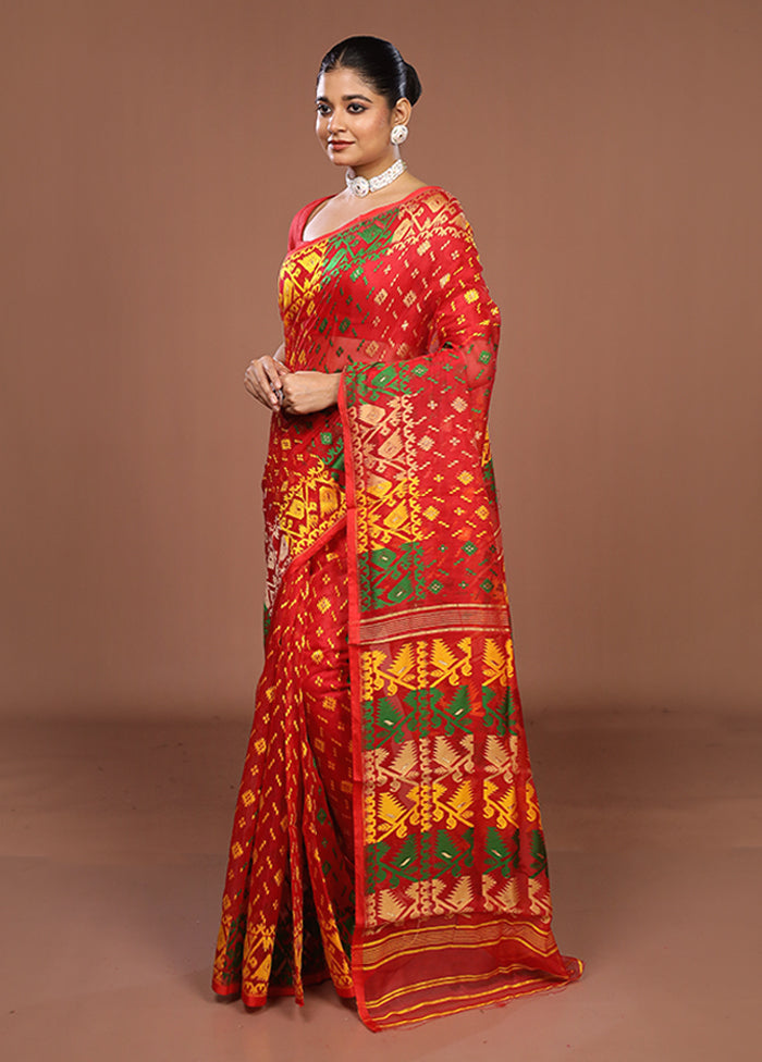 Red Jamdani Cotton Saree Without Blouse Piece