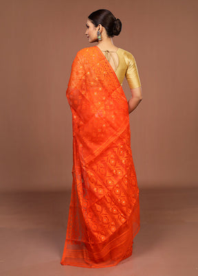 Rust Jamdani Cotton Saree Without Blouse Piece