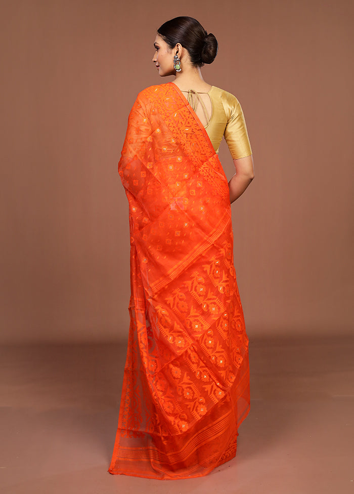 Rust Jamdani Cotton Saree Without Blouse Piece