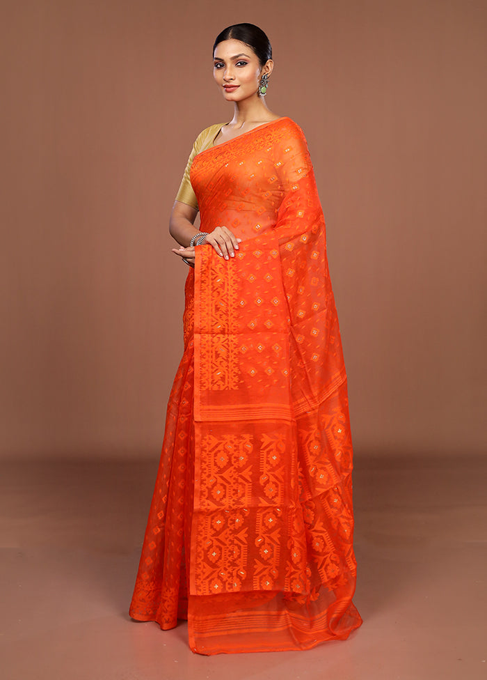 Rust Jamdani Cotton Saree Without Blouse Piece