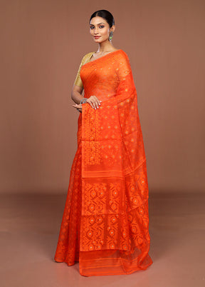 Rust Jamdani Cotton Saree Without Blouse Piece