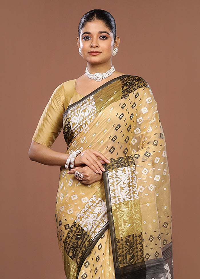 Cream Jamdani Cotton Saree Without Blouse Piece