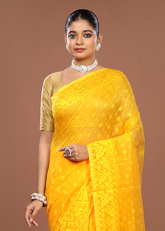 Yellow Jamdani Cotton Saree Without Blouse Piece