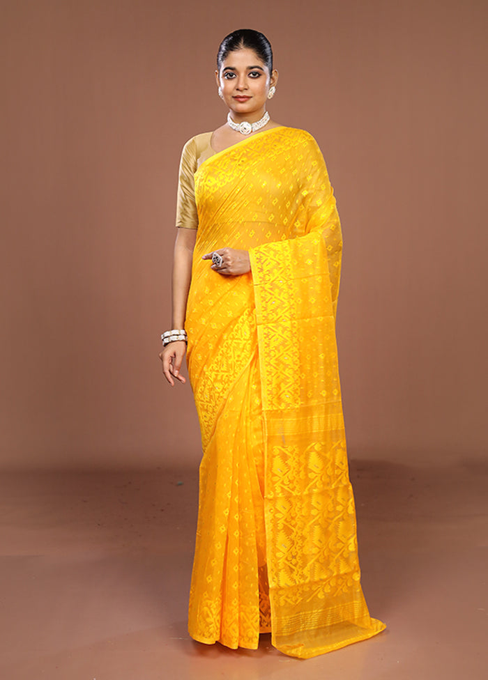 Yellow Jamdani Cotton Saree Without Blouse Piece