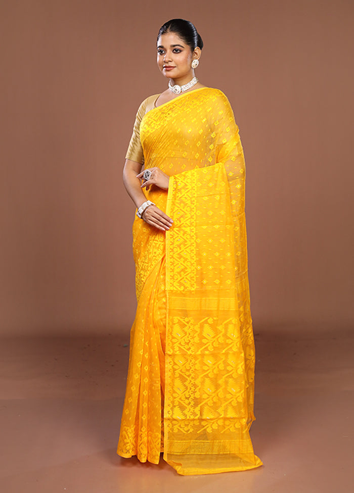 Yellow Jamdani Cotton Saree Without Blouse Piece