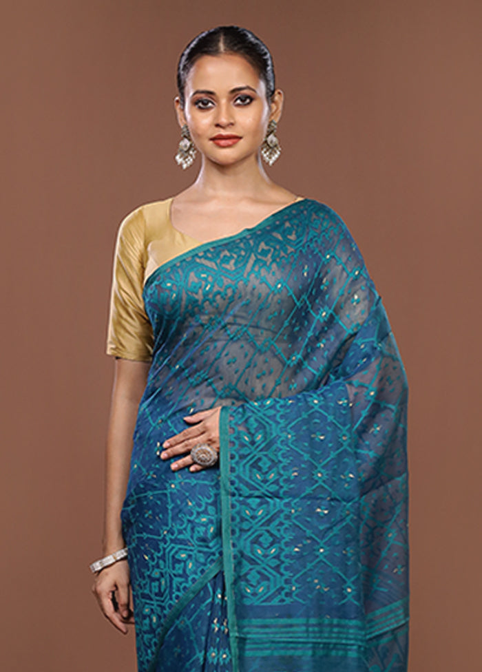 Blue Jamdani Cotton Saree Without Blouse Piece