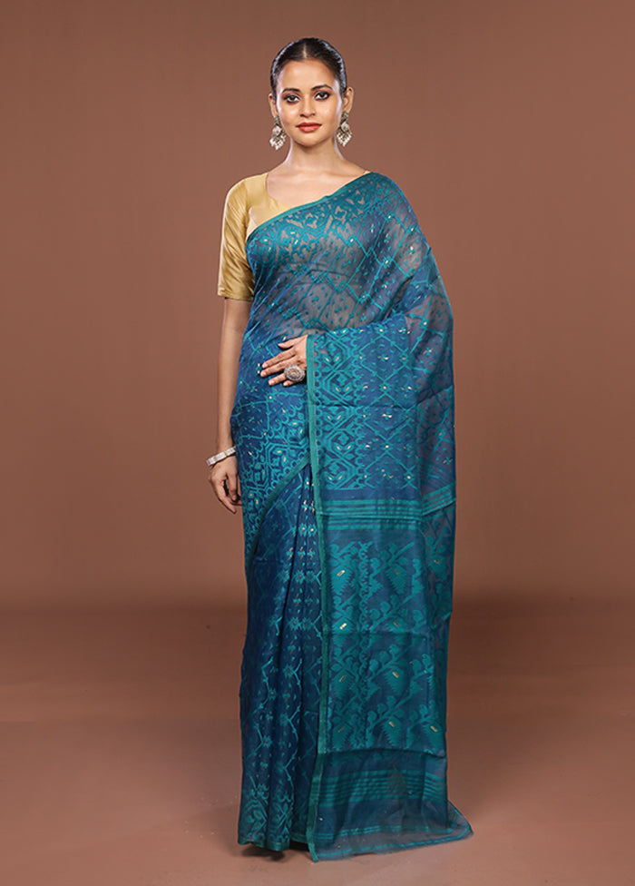 Blue Jamdani Cotton Saree Without Blouse Piece