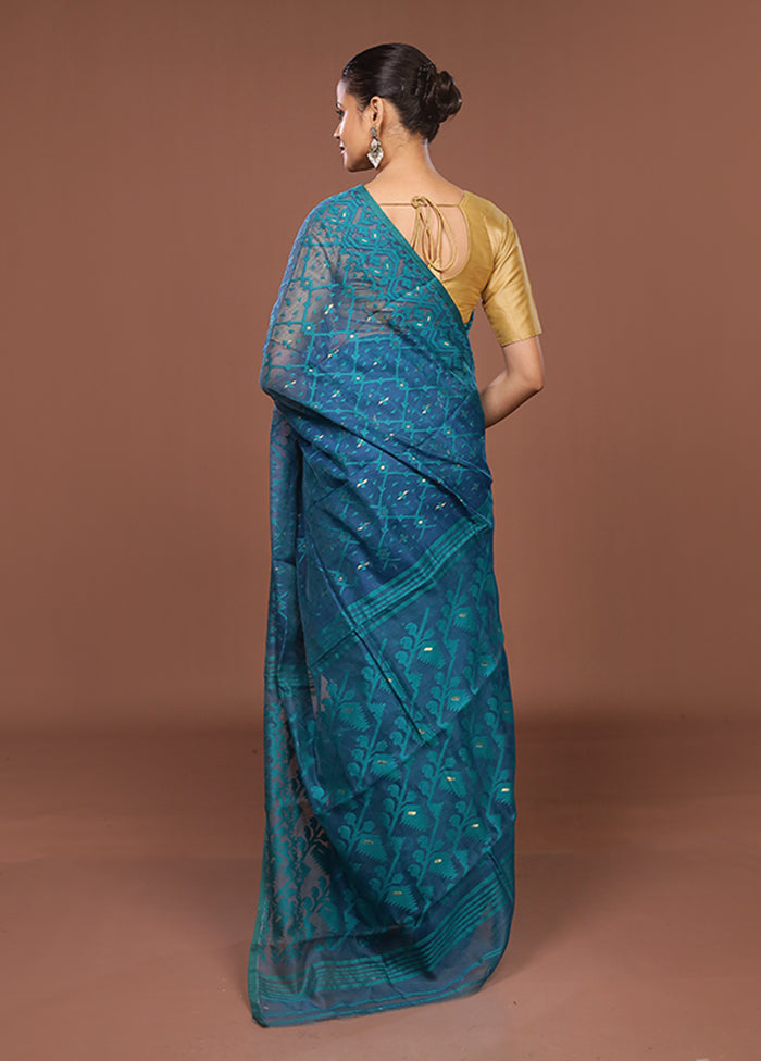 Blue Jamdani Cotton Saree Without Blouse Piece