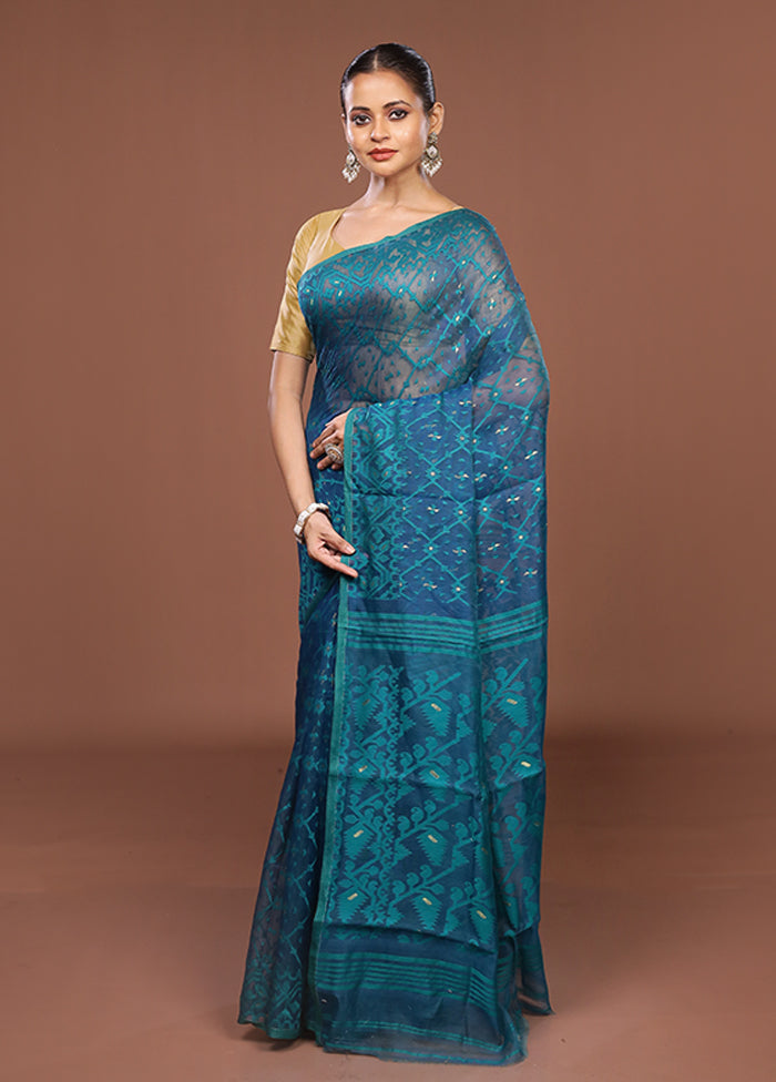 Blue Jamdani Cotton Saree Without Blouse Piece