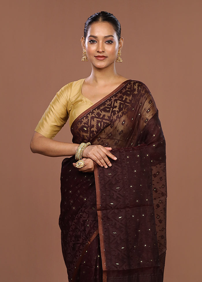 Maroon Jamdani Cotton Saree Without Blouse Piece