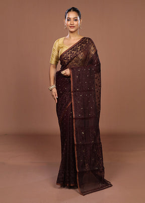 Maroon Jamdani Cotton Saree Without Blouse Piece