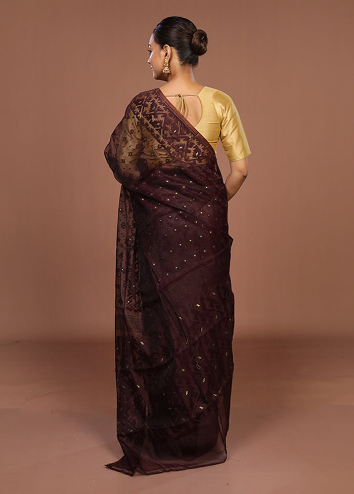 Maroon Jamdani Cotton Saree Without Blouse Piece