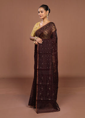 Maroon Jamdani Cotton Saree Without Blouse Piece