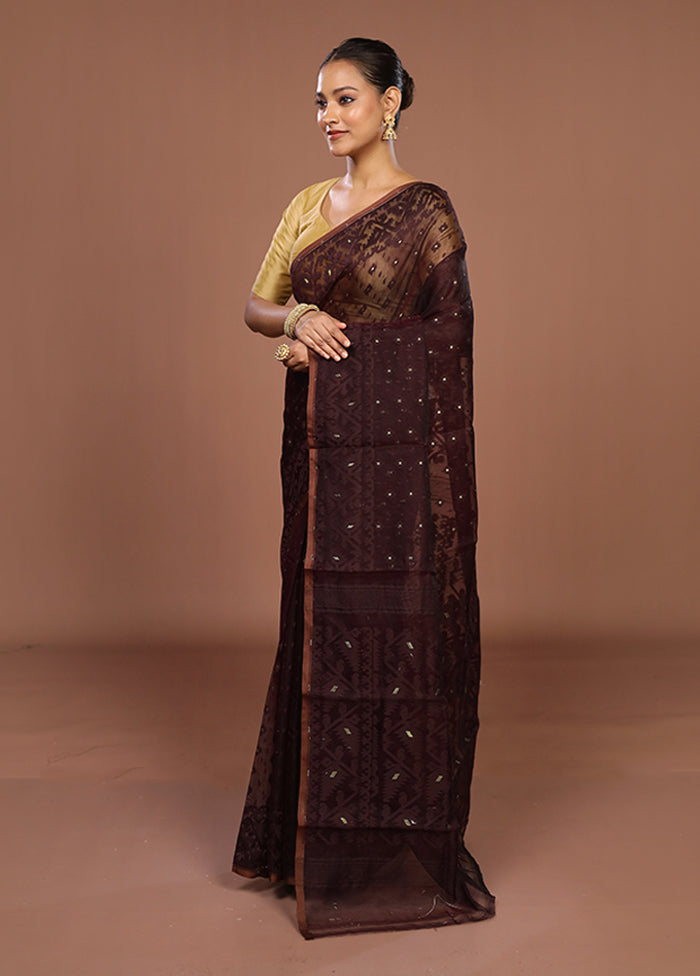 Maroon Jamdani Cotton Saree Without Blouse Piece