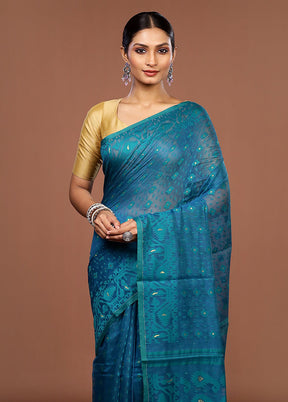 Blue Jamdani Cotton Saree Without Blouse Piece