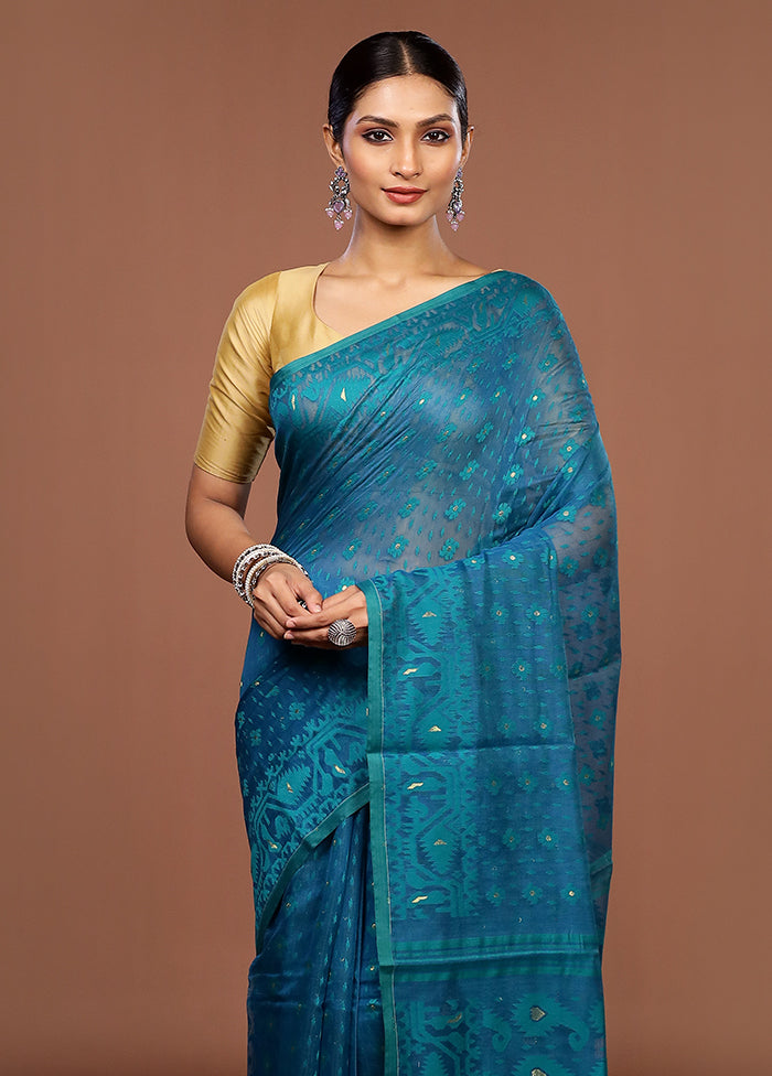 Blue Jamdani Cotton Saree Without Blouse Piece