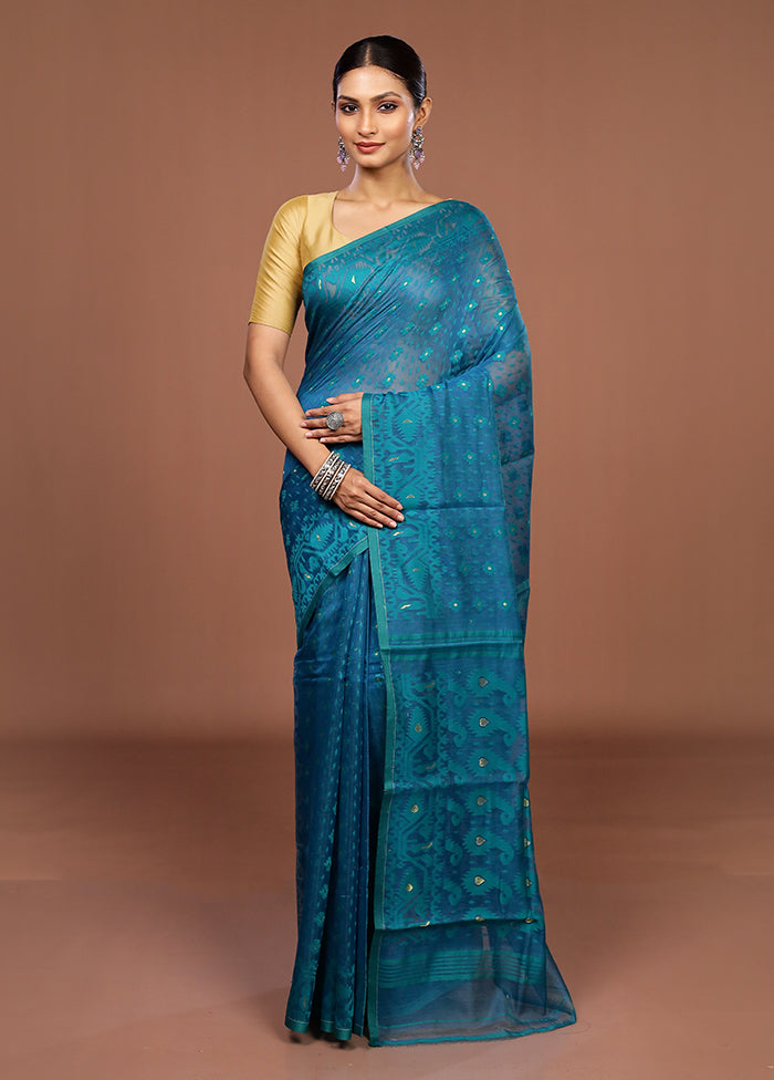 Blue Jamdani Cotton Saree Without Blouse Piece